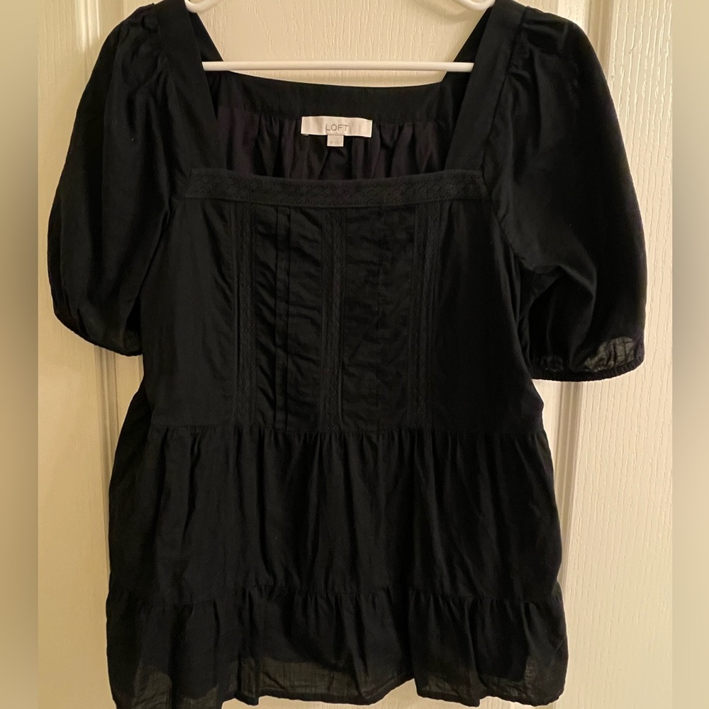 LOFT Midnight Navy Puff Sleeve Ruffle and Lace Blouse